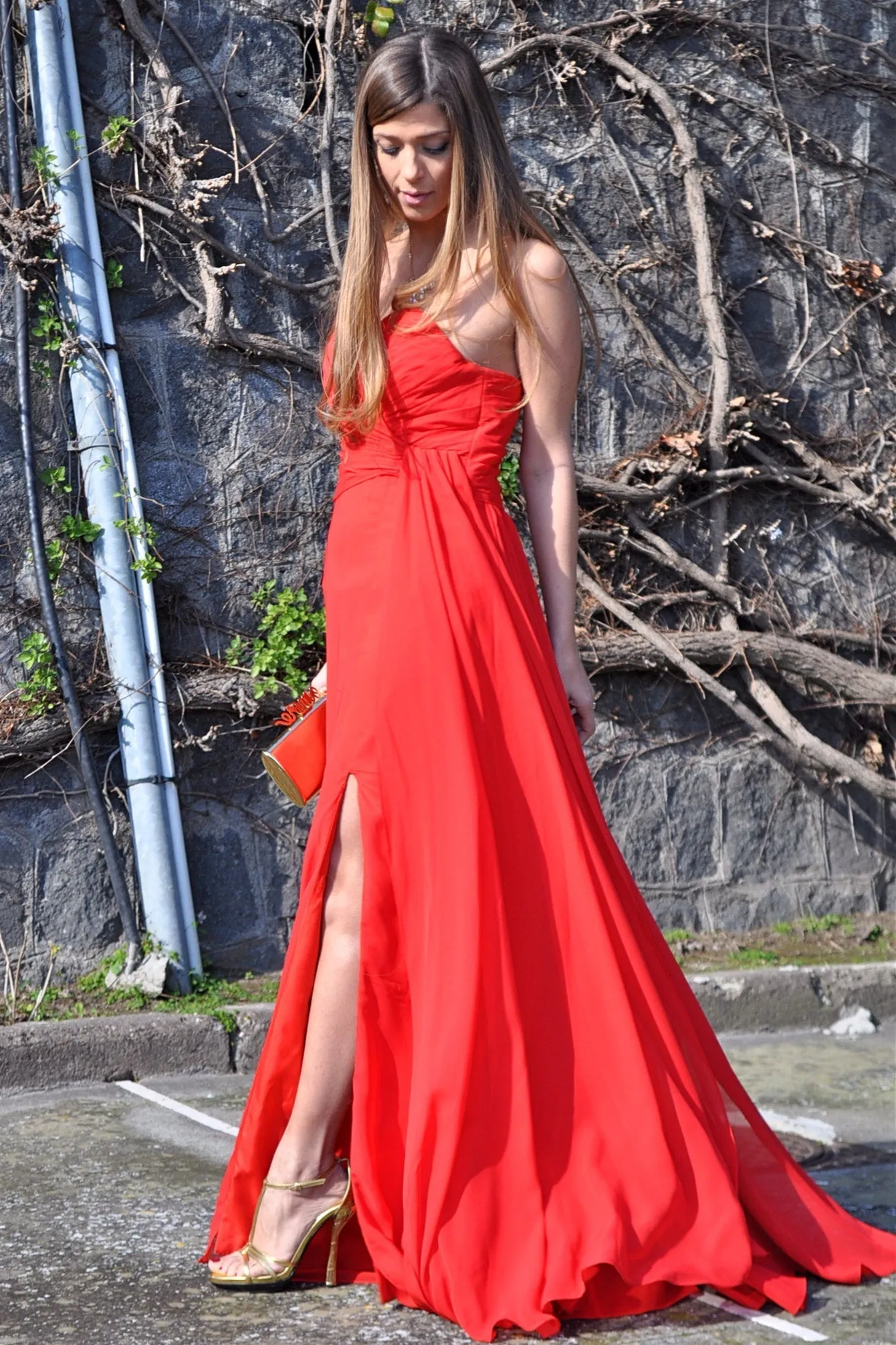 A-line Sweetheart Floor Length Chiffon Front Slit Prom Dress