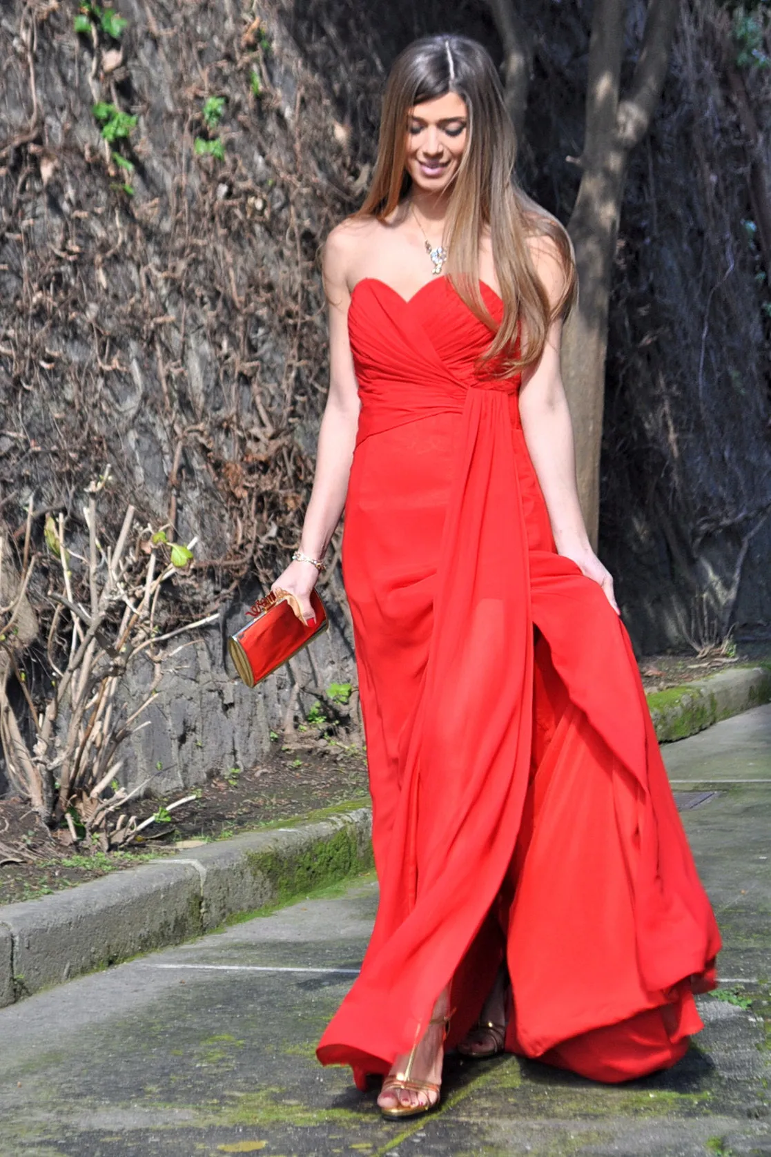 A-line Sweetheart Floor Length Chiffon Front Slit Prom Dress