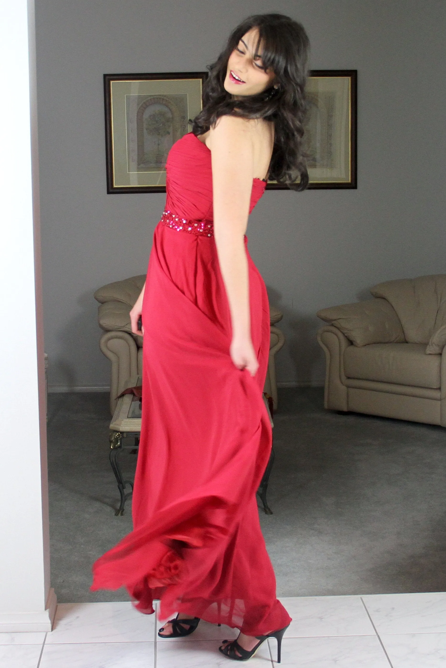 A-line Sweetheart Floor Length Chiffon Rhinestone Prom Dress