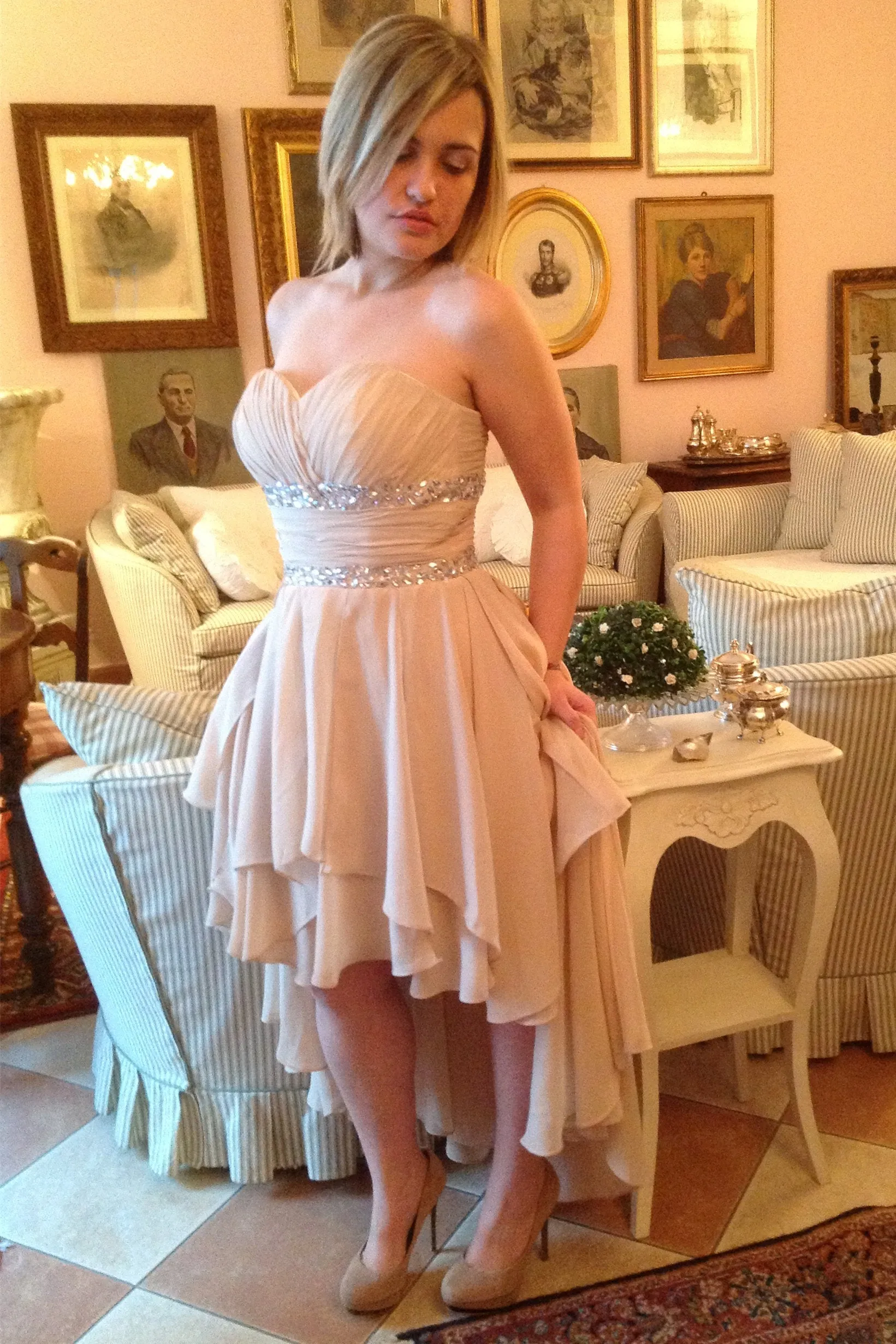 A-line Sweetheart Hi-low Length Chiffon Rhinestone Prom Dress
