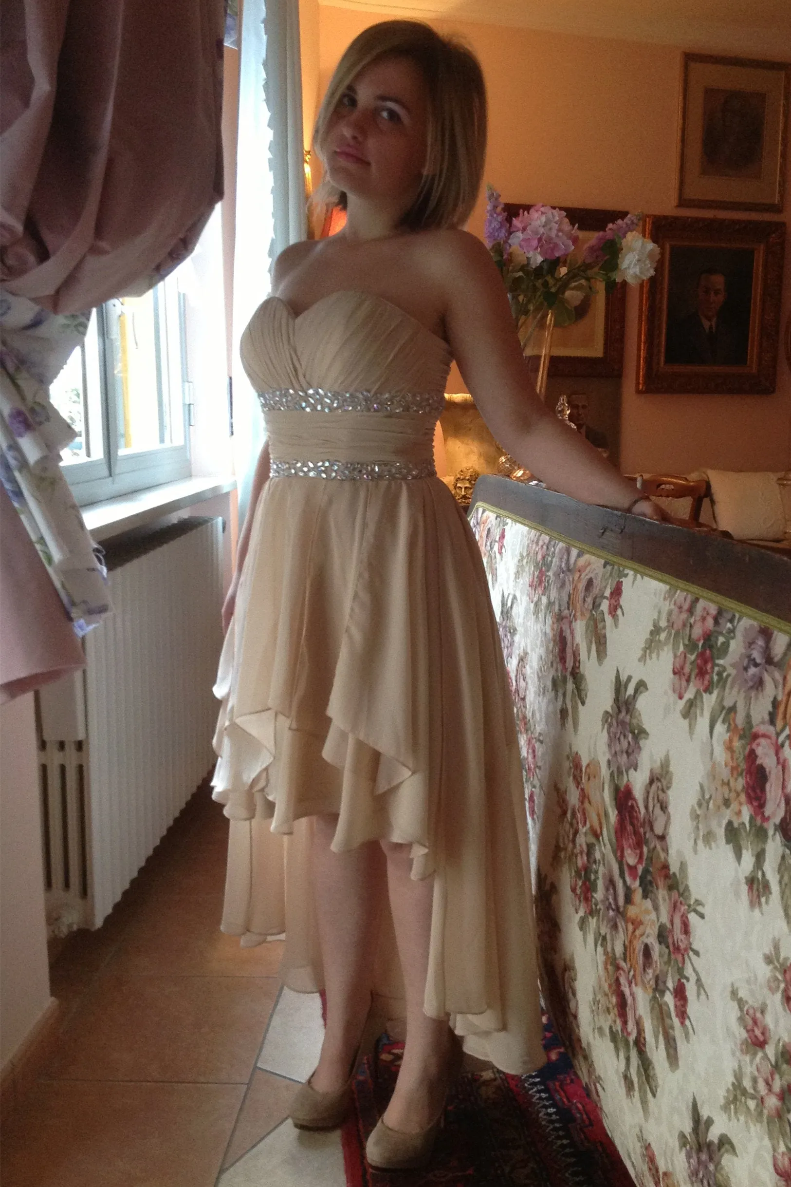 A-line Sweetheart Hi-low Length Chiffon Rhinestone Prom Dress