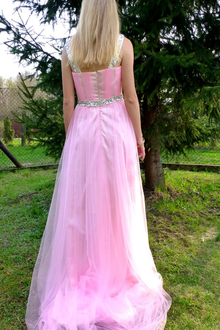 A-line Wide Strap Floor Length Chrmuse Tulle Rhinestone Prom Dress