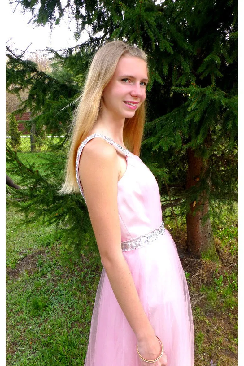 A-line Wide Strap Floor Length Chrmuse Tulle Rhinestone Prom Dress
