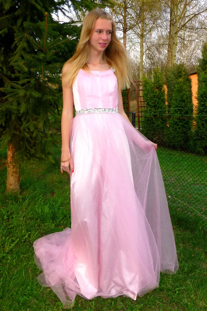 A-line Wide Strap Floor Length Chrmuse Tulle Rhinestone Prom Dress