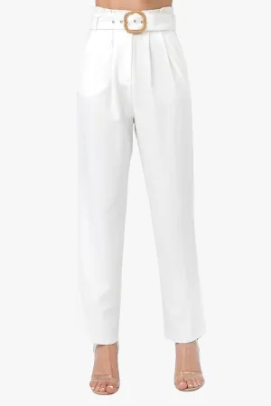 A Solid Pant Featuring Paperbag Waist With Rattan Buckle Belt