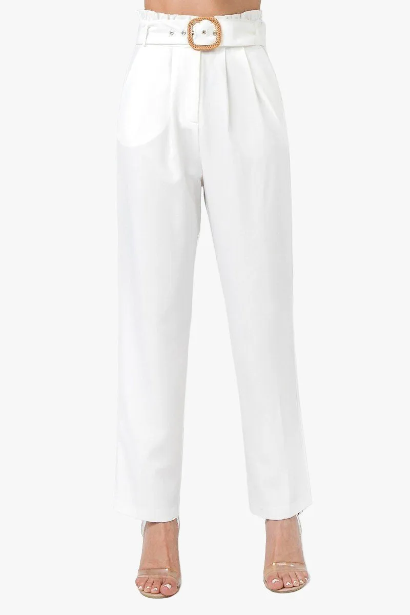 A Solid Pant Featuring Paperbag Waist With Rattan Buckle Belt