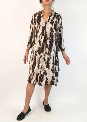 Amanda Laird Cherry brown and white print long sleeve dress size 34, best fits 10