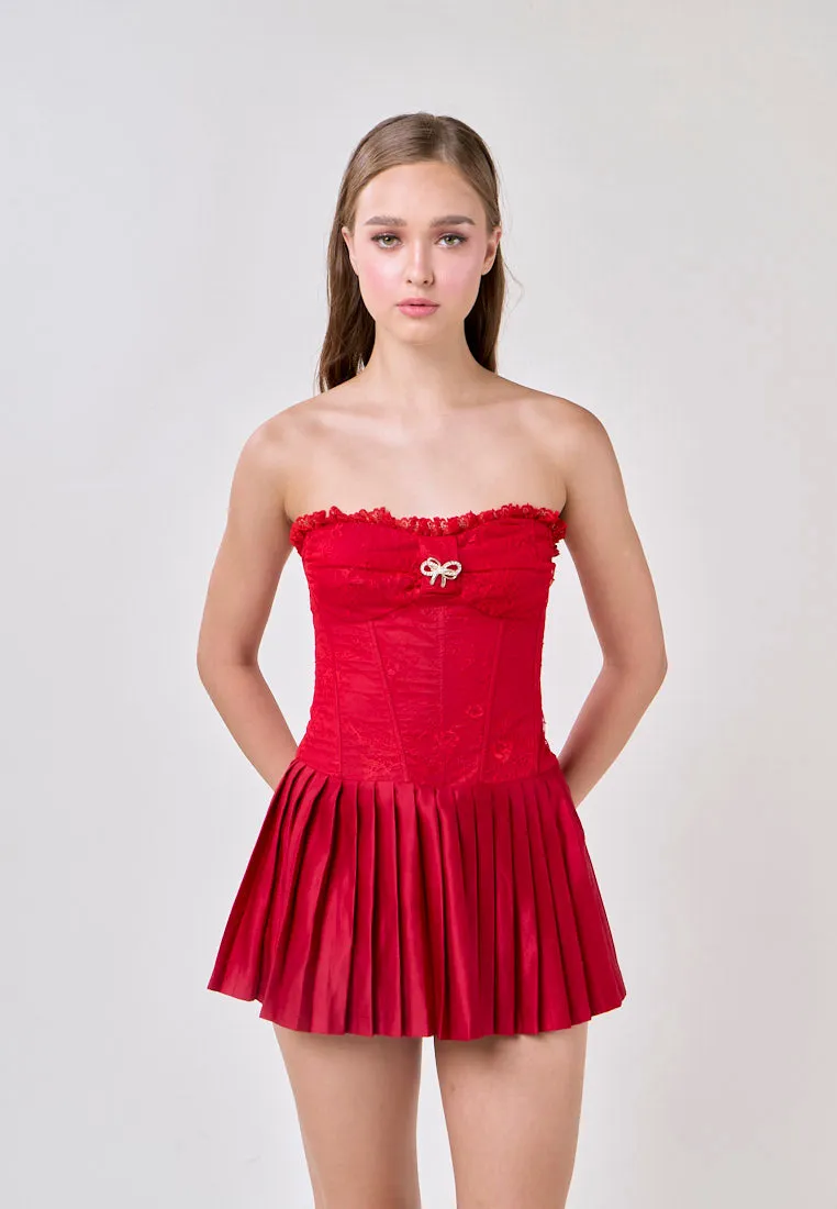 Arely Red Tube Lace Top Pleated Skirt Mini Dress
