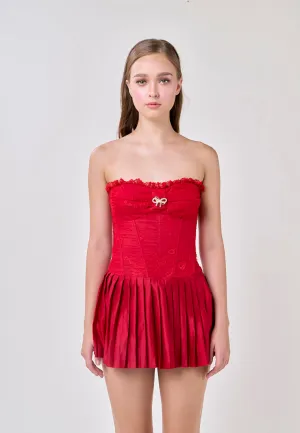 Arely Red Tube Lace Top Pleated Skirt Mini Dress