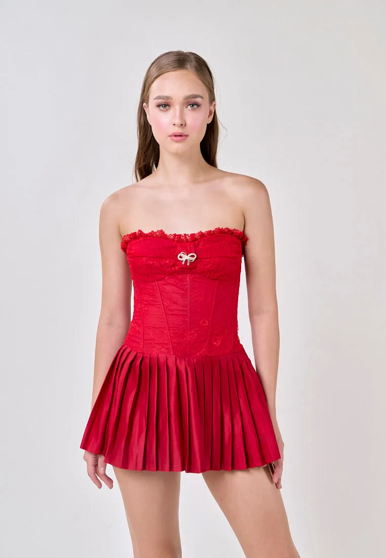 Arely Red Tube Lace Top Pleated Skirt Mini Dress