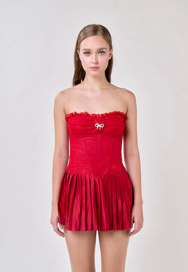 Arely Red Tube Lace Top Pleated Skirt Mini Dress