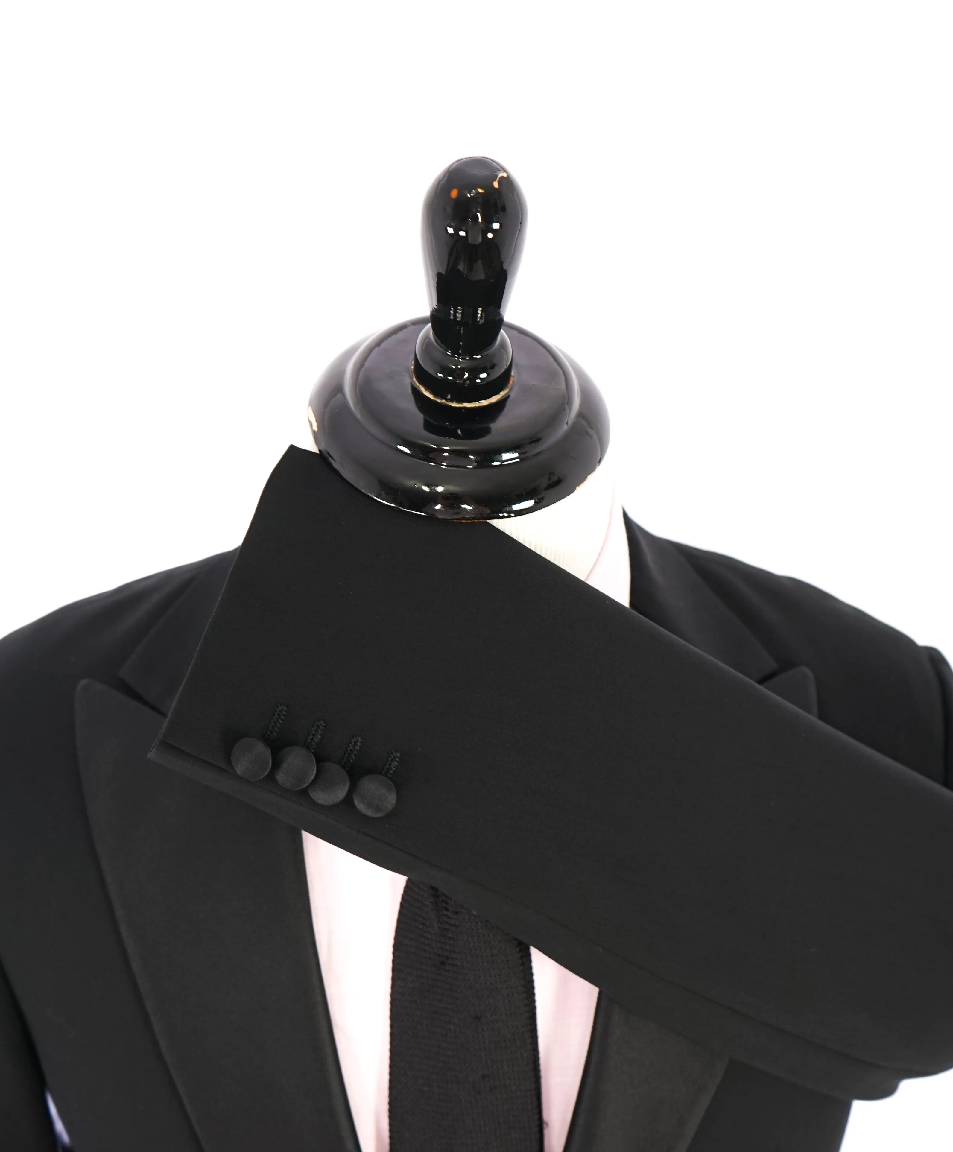 ARMANI COLLEZIONI -Wide Peak Lapel “G Line” Black Satin Detailed Tuxedo - 38R