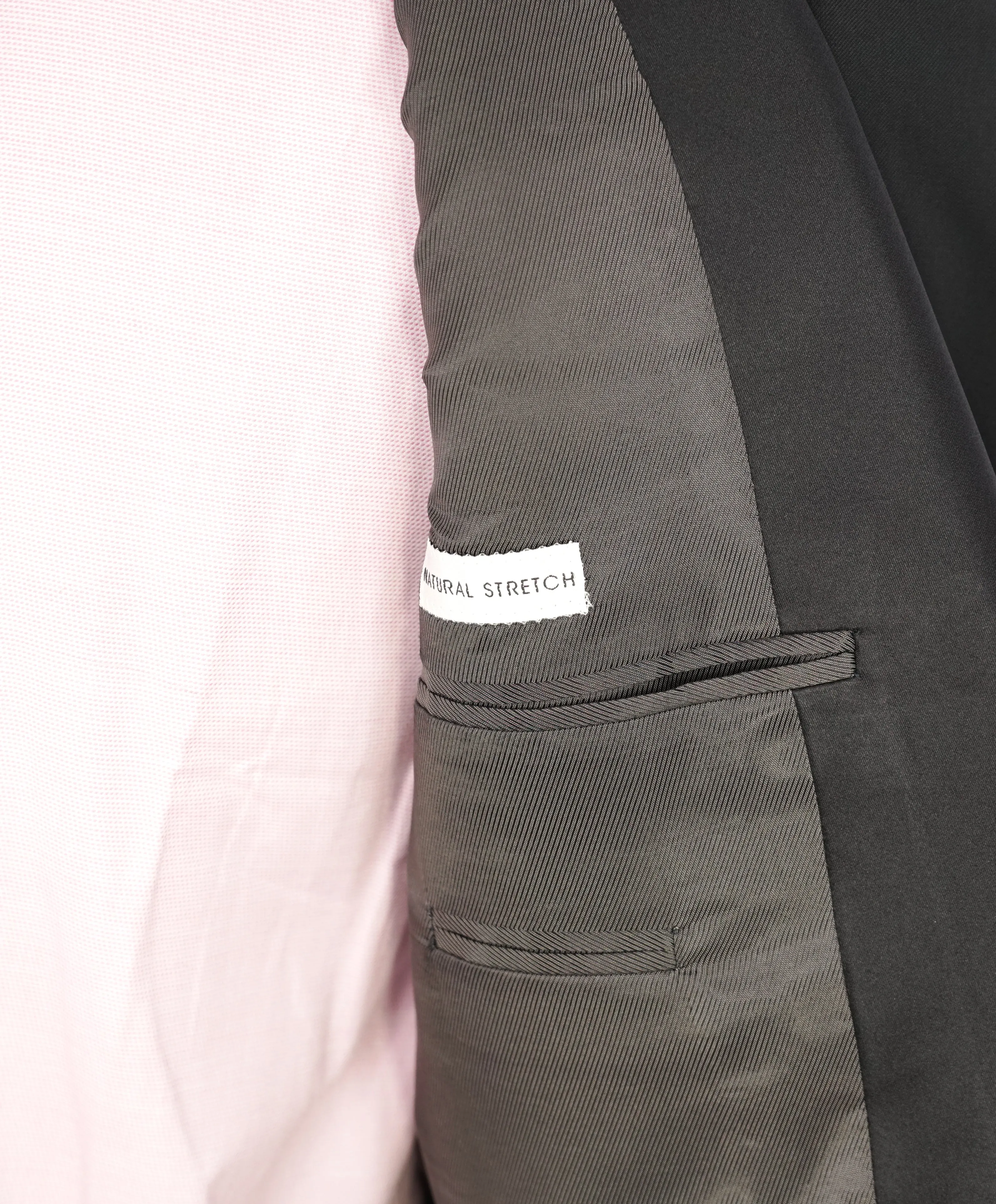 ARMANI COLLEZIONI -Wide Peak Lapel “G Line” Black Satin Detailed Tuxedo - 38R