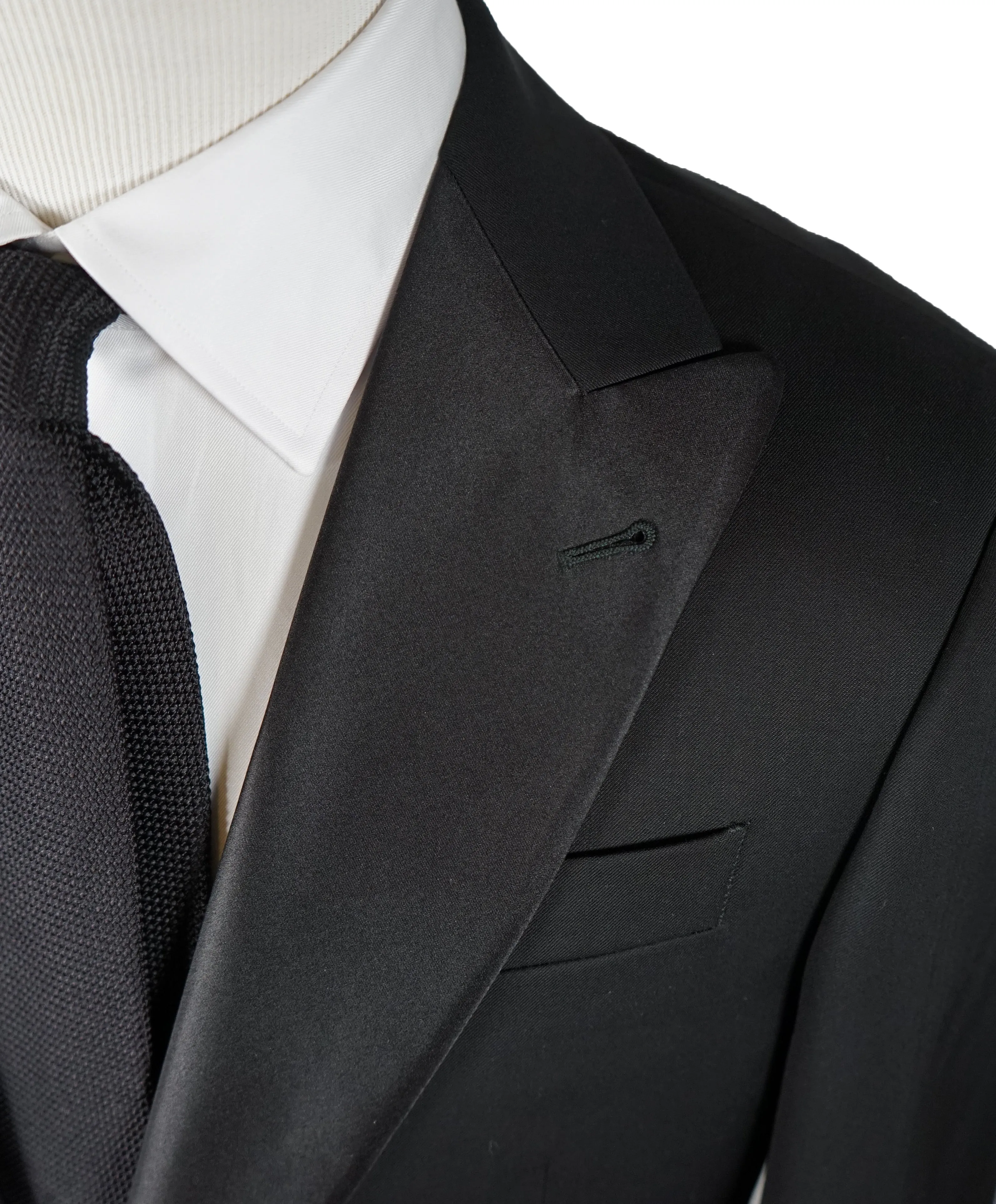 ARMANI COLLEZIONI - Wide Peak Lapel “G Line” Black Satin Detailed Tuxedo - 40R