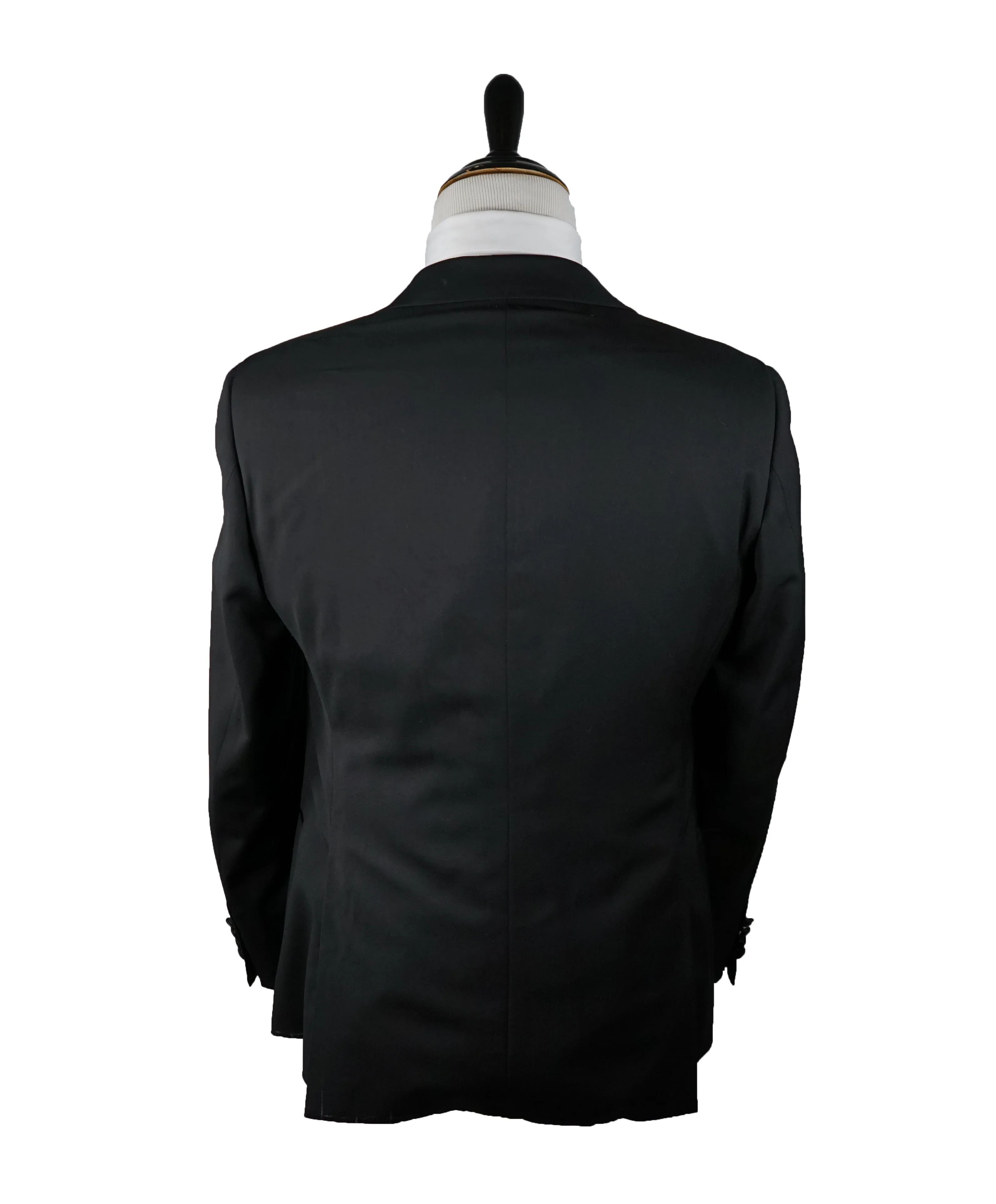 ARMANI COLLEZIONI - Wide Peak Lapel “G Line” Black Satin Detailed Tuxedo - 40R