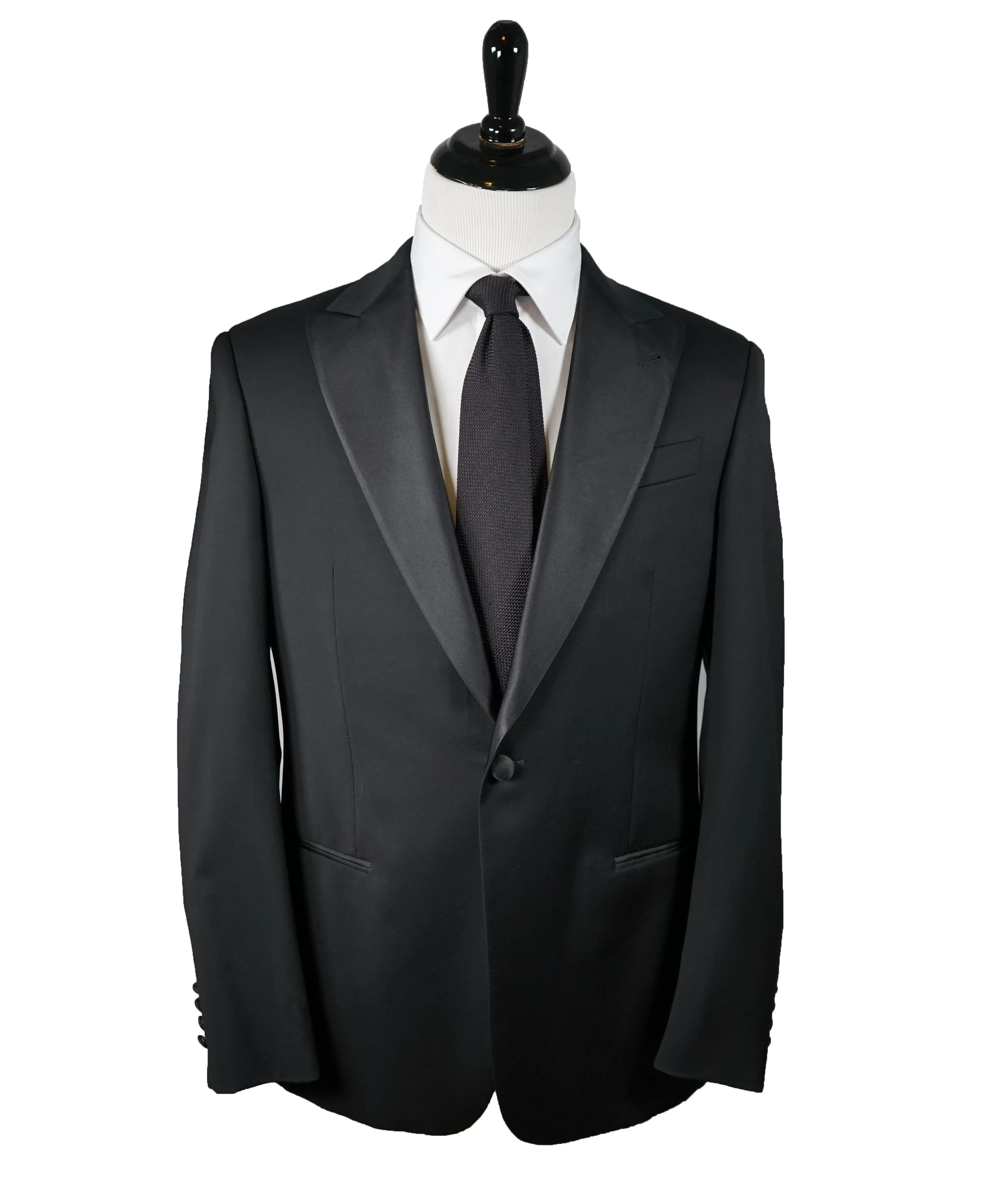 ARMANI COLLEZIONI - Wide Peak Lapel “G Line” Black Satin Detailed Tuxedo - 40R