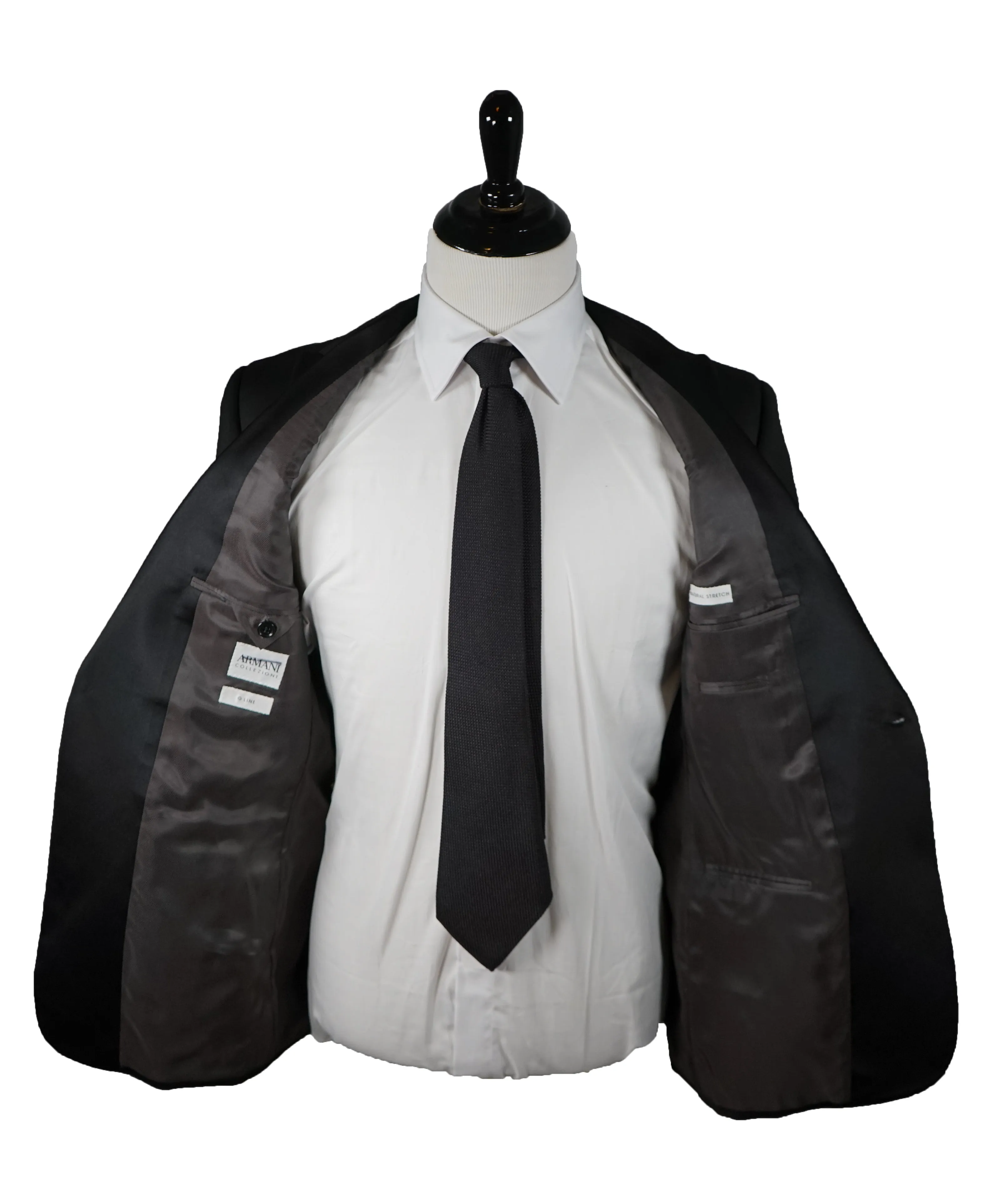 ARMANI COLLEZIONI - Wide Peak Lapel “G Line” Black Satin Detailed Tuxedo - 40R