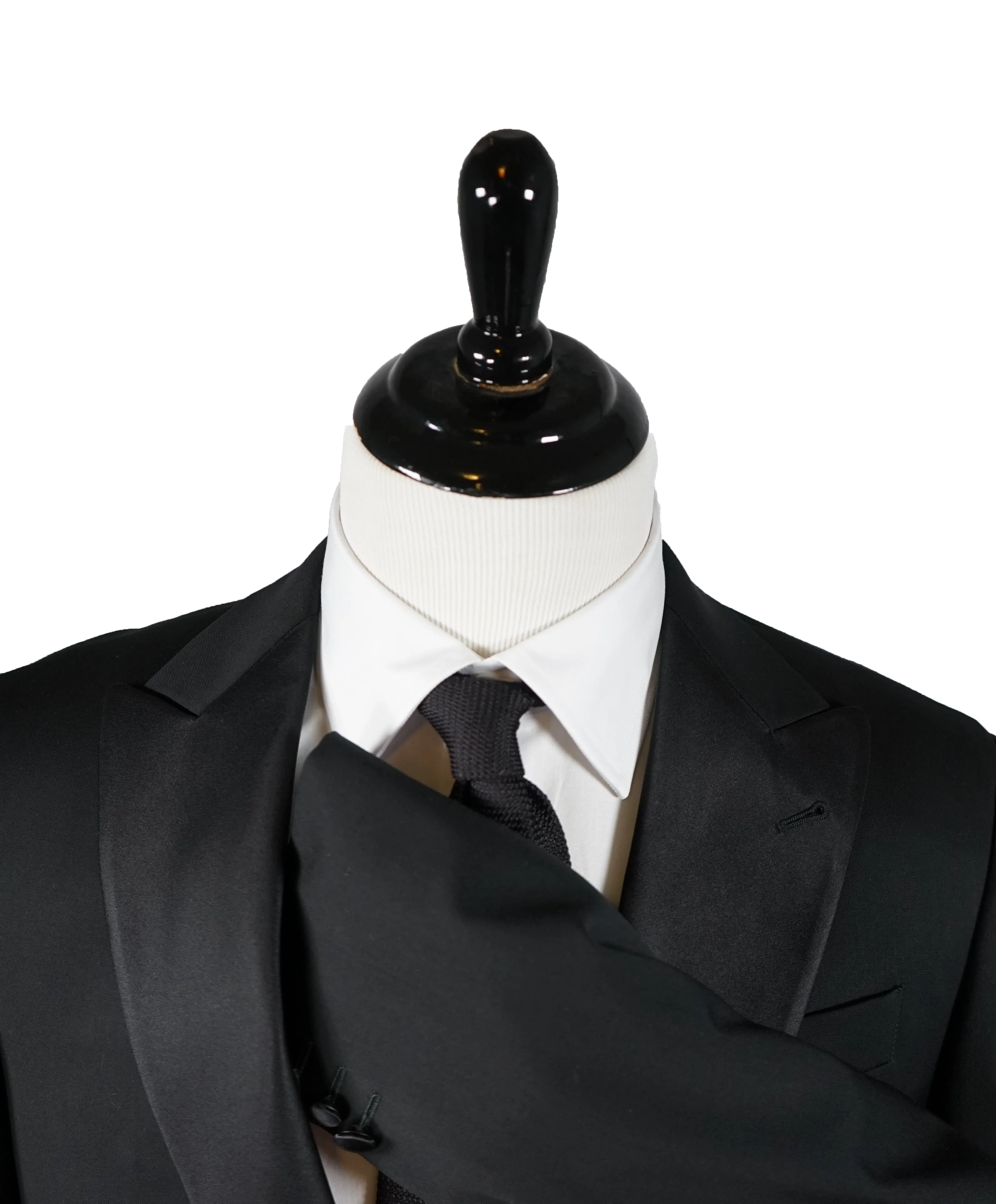 ARMANI COLLEZIONI - Wide Peak Lapel “G Line” Black Satin Detailed Tuxedo - 40R