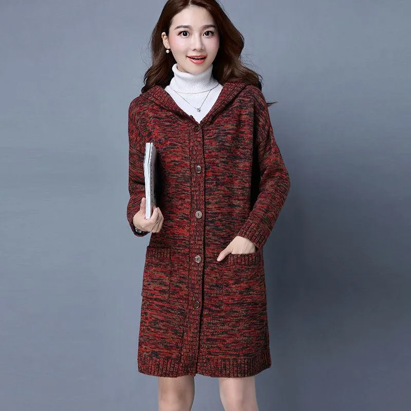 Autumn and Winter Knitted Cardigan Jacket Mid-length Loose Thick Sweater Fashion Simple Female Top