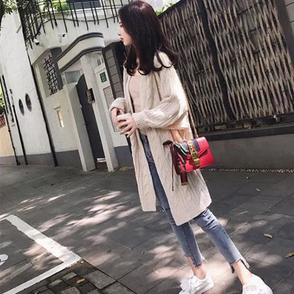 Autumn and Winter Loose Cardigan Sweater Thick Solid Color Knitted Top Mid-length Casual Women's Sweater