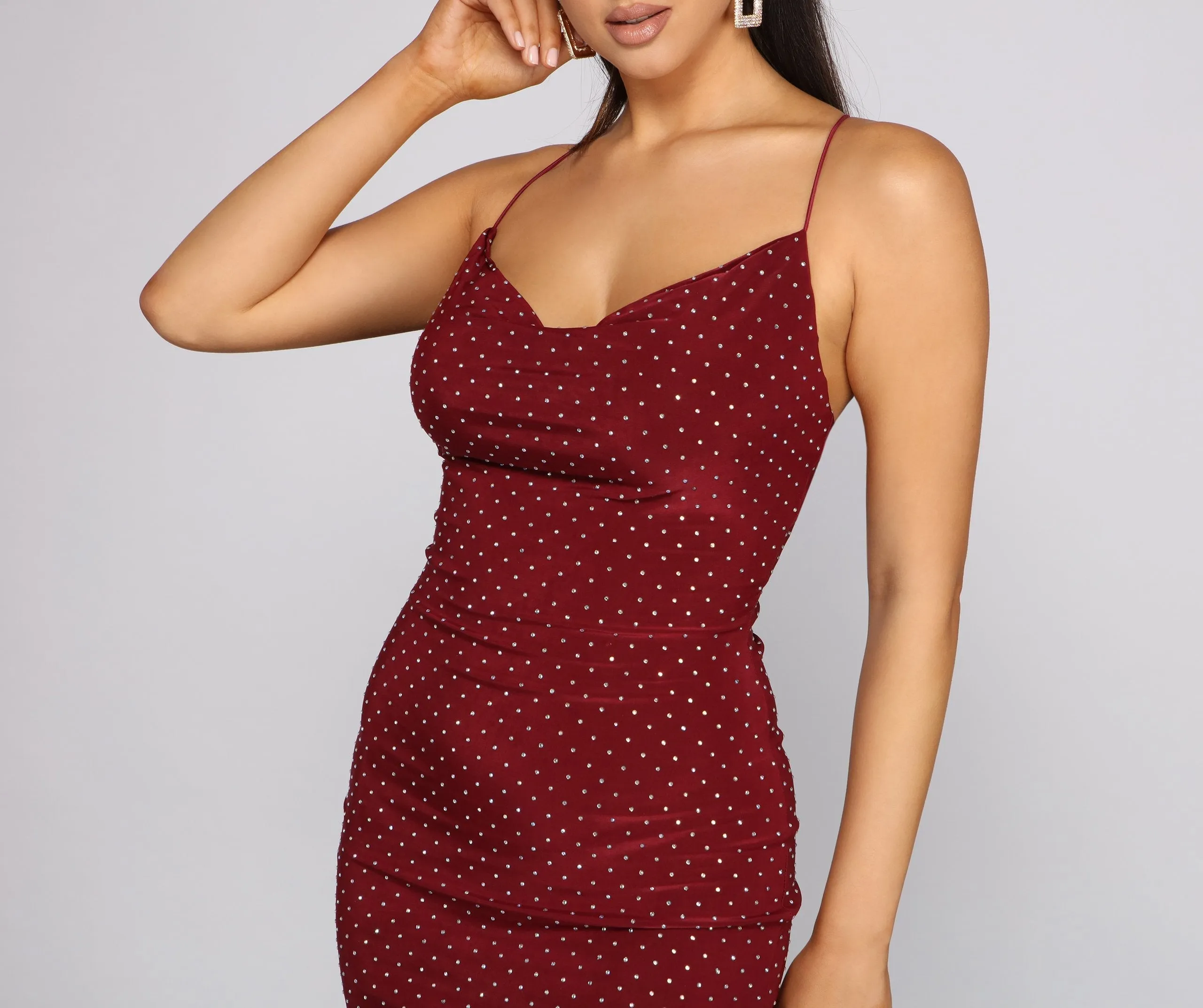 Avery Formal Heat Stone Graceful Cowl Neck Mini Dress