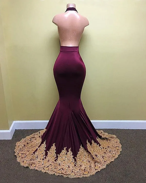Backless Gold Lace Burgundy Mermaid Prom Dresses Deep V-Neck Sexy Evening Gowns