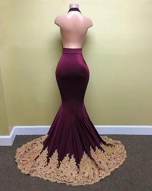 Backless Gold Lace Burgundy Mermaid Prom Dresses Deep V-Neck Sexy Evening Gowns