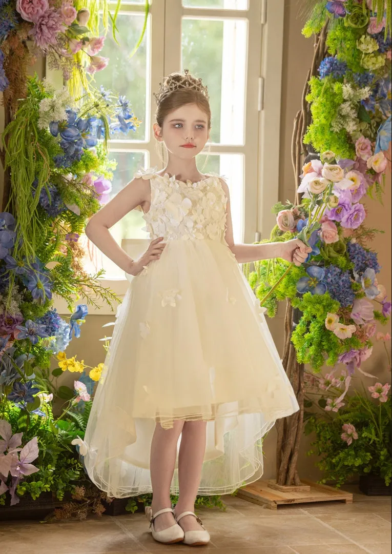 Ball-Gown/Princess V-Neck Asymmetrical Tulle Flower Girl Dress With Beading/3D Floral/Bow