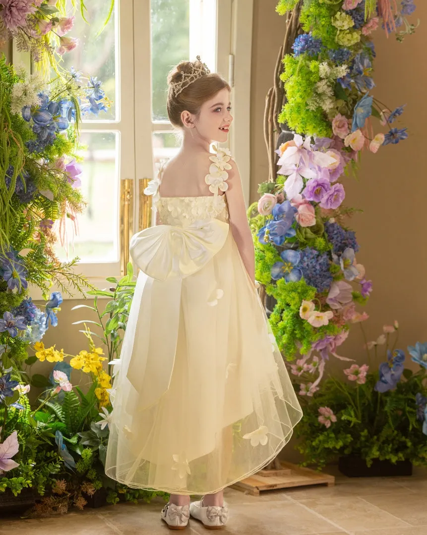 Ball-Gown/Princess V-Neck Asymmetrical Tulle Flower Girl Dress With Beading/3D Floral/Bow