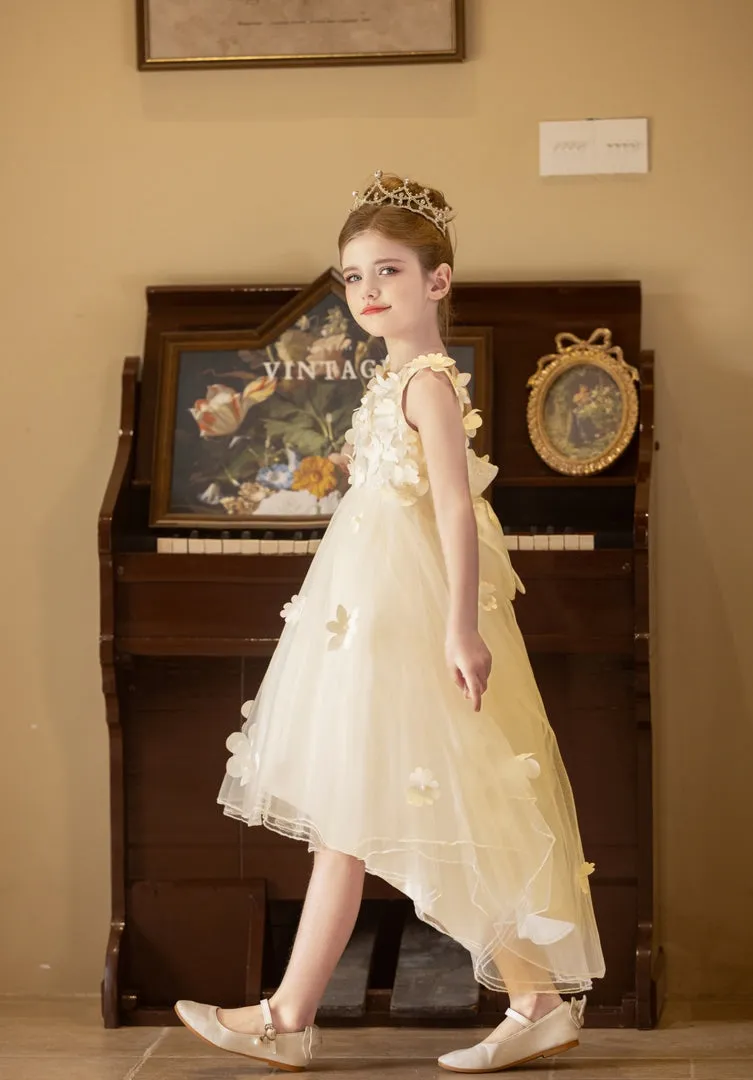 Ball-Gown/Princess V-Neck Asymmetrical Tulle Flower Girl Dress With Beading/3D Floral/Bow