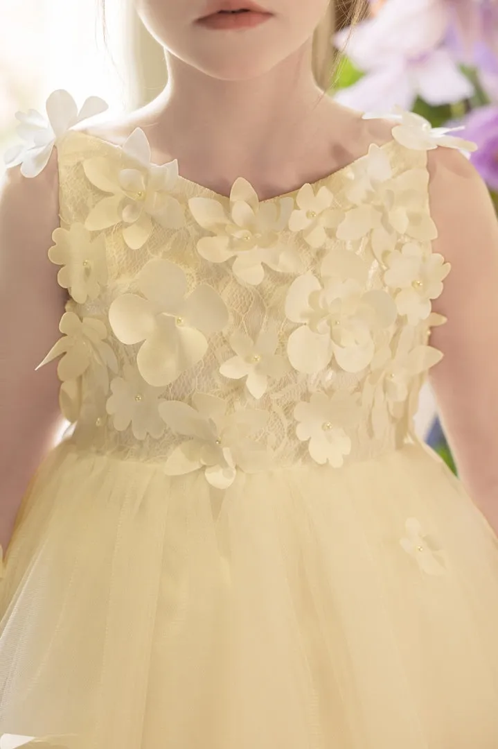 Ball-Gown/Princess V-Neck Asymmetrical Tulle Flower Girl Dress With Beading/3D Floral/Bow