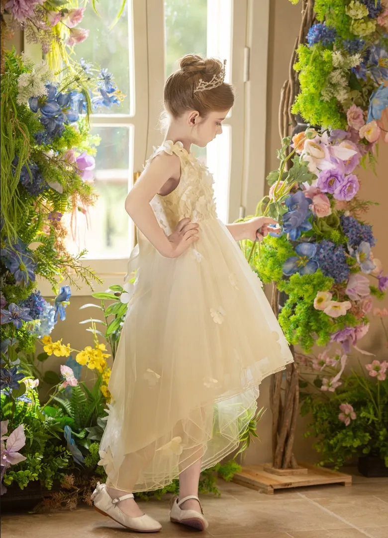 Ball-Gown/Princess V-Neck Asymmetrical Tulle Flower Girl Dress With Beading/3D Floral/Bow