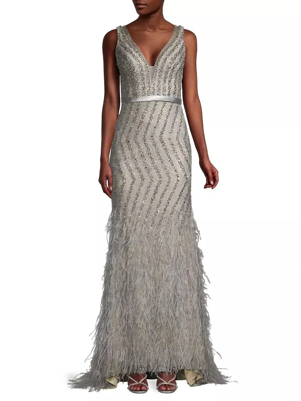 Basix Feather Embellished Plunge V-Neck Gown