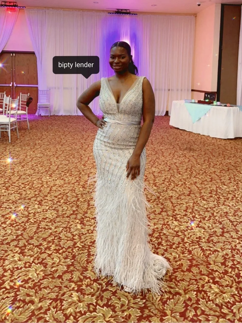 Basix Feather Embellished Plunge V-Neck Gown