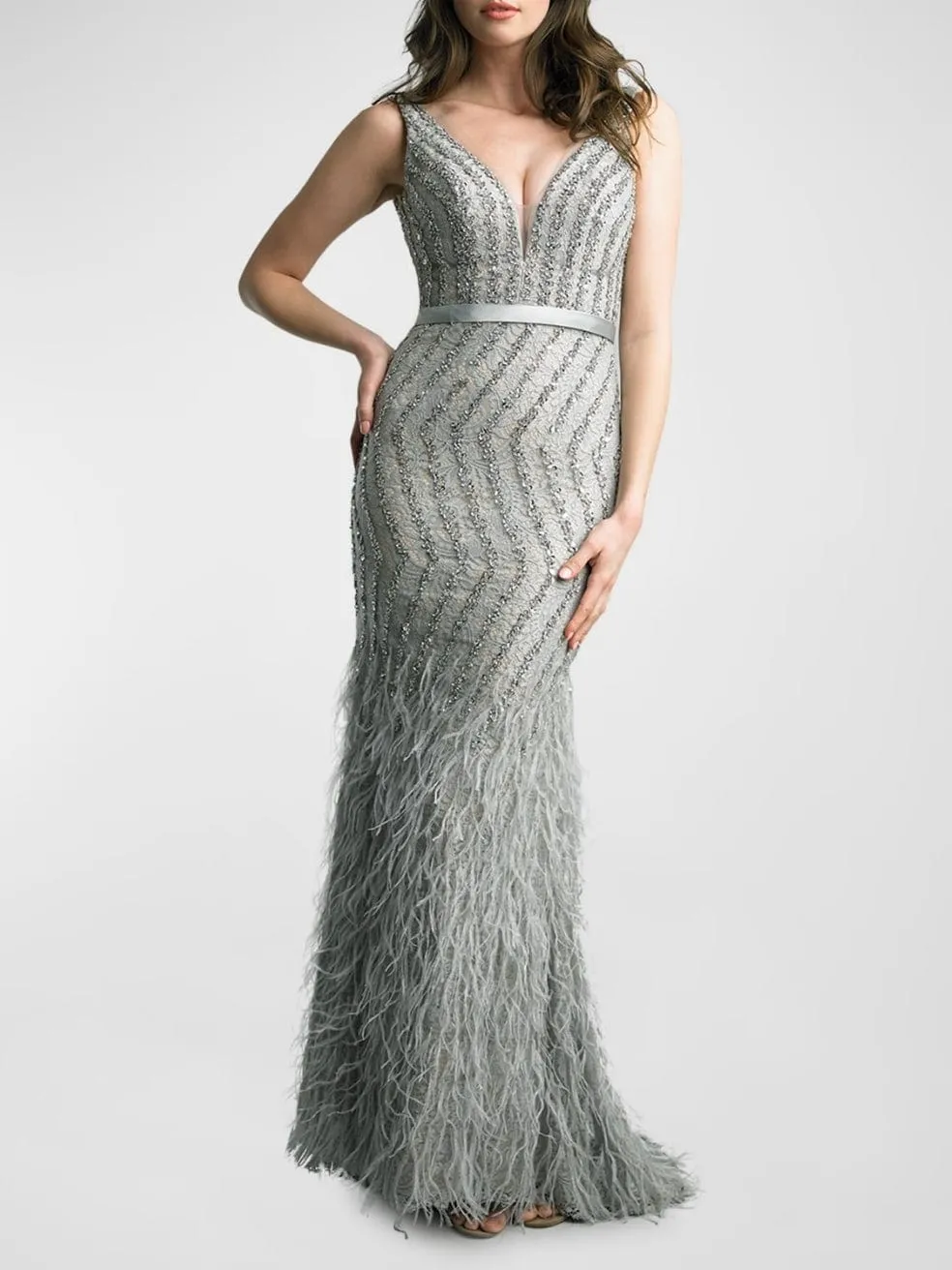 Basix Feather Embellished Plunge V-Neck Gown