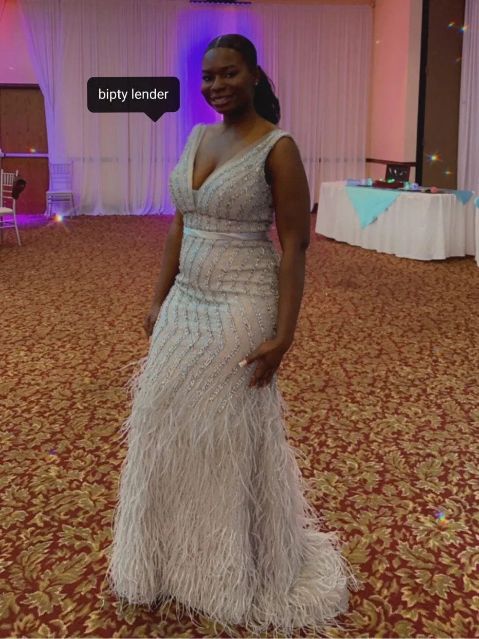 Basix Feather Embellished Plunge V-Neck Gown