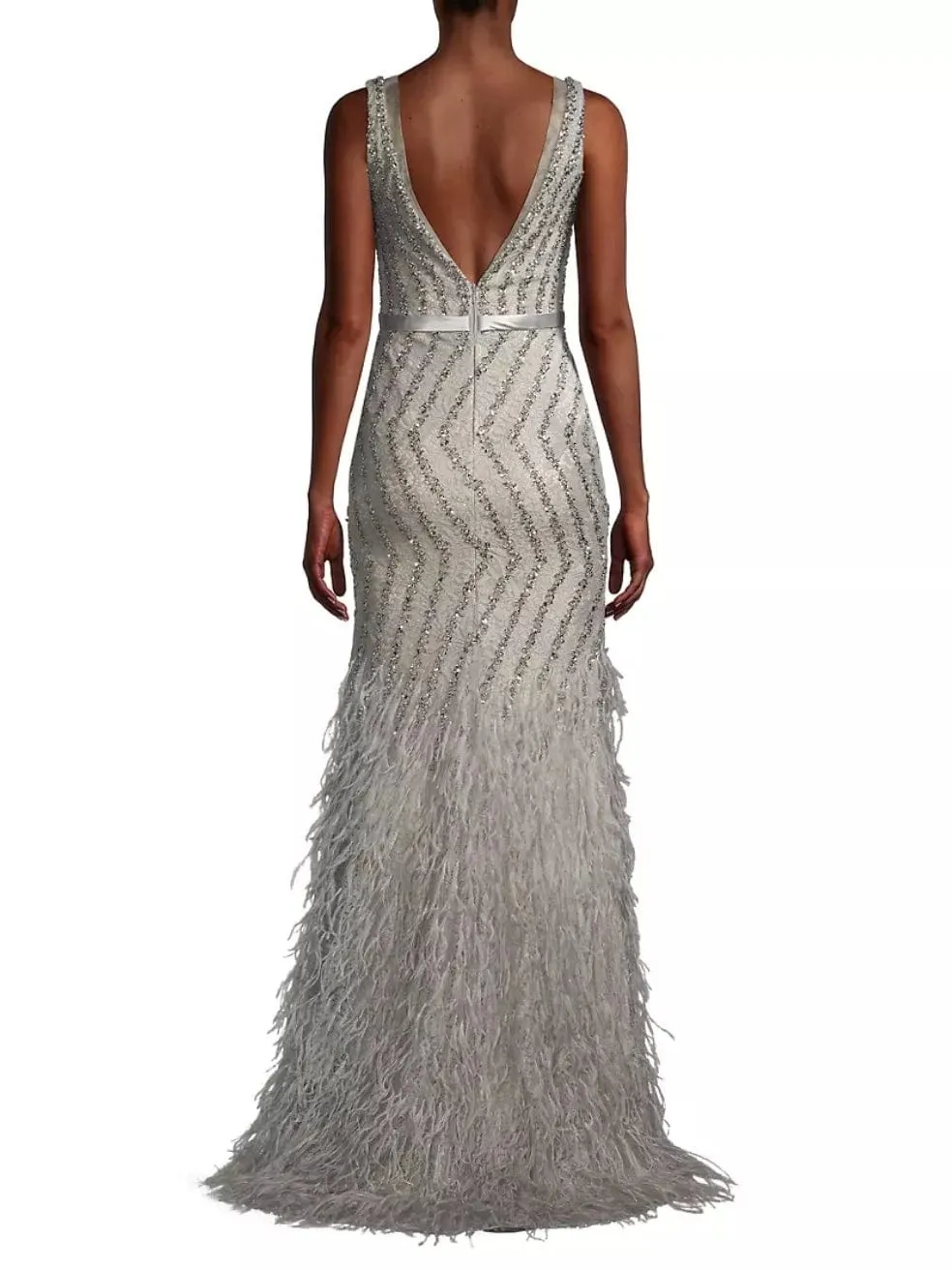 Basix Feather Embellished Plunge V-Neck Gown