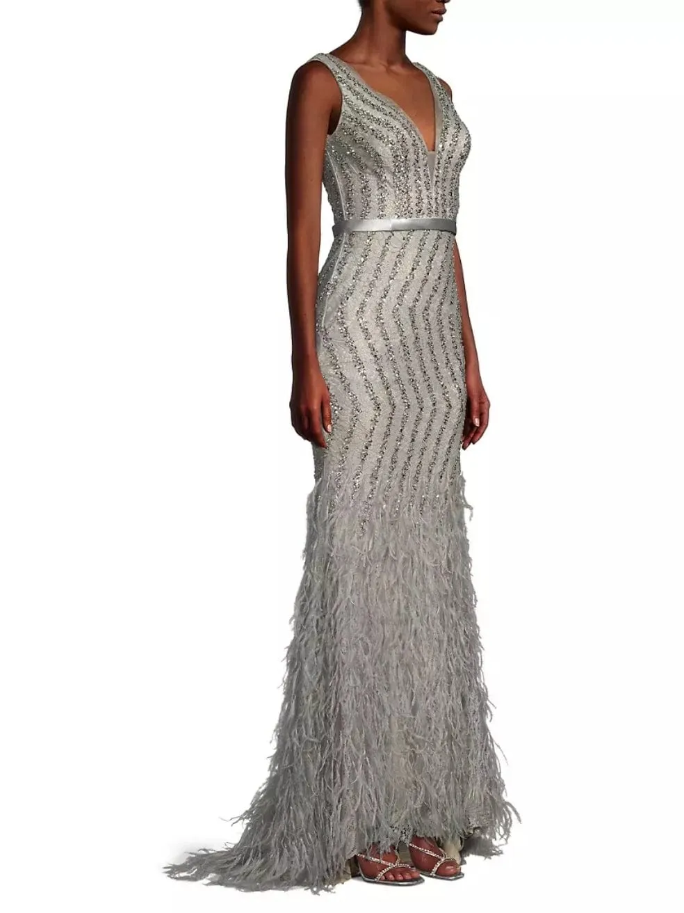 Basix Feather Embellished Plunge V-Neck Gown