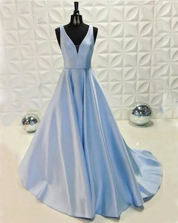 Beautiful V Neck Prom Dresses Long Satin A-line Pageant Gowns 2018 New Fashion