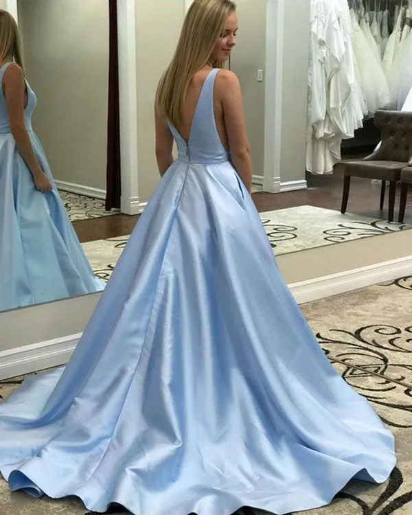 Beautiful V Neck Prom Dresses Long Satin A-line Pageant Gowns 2018 New Fashion