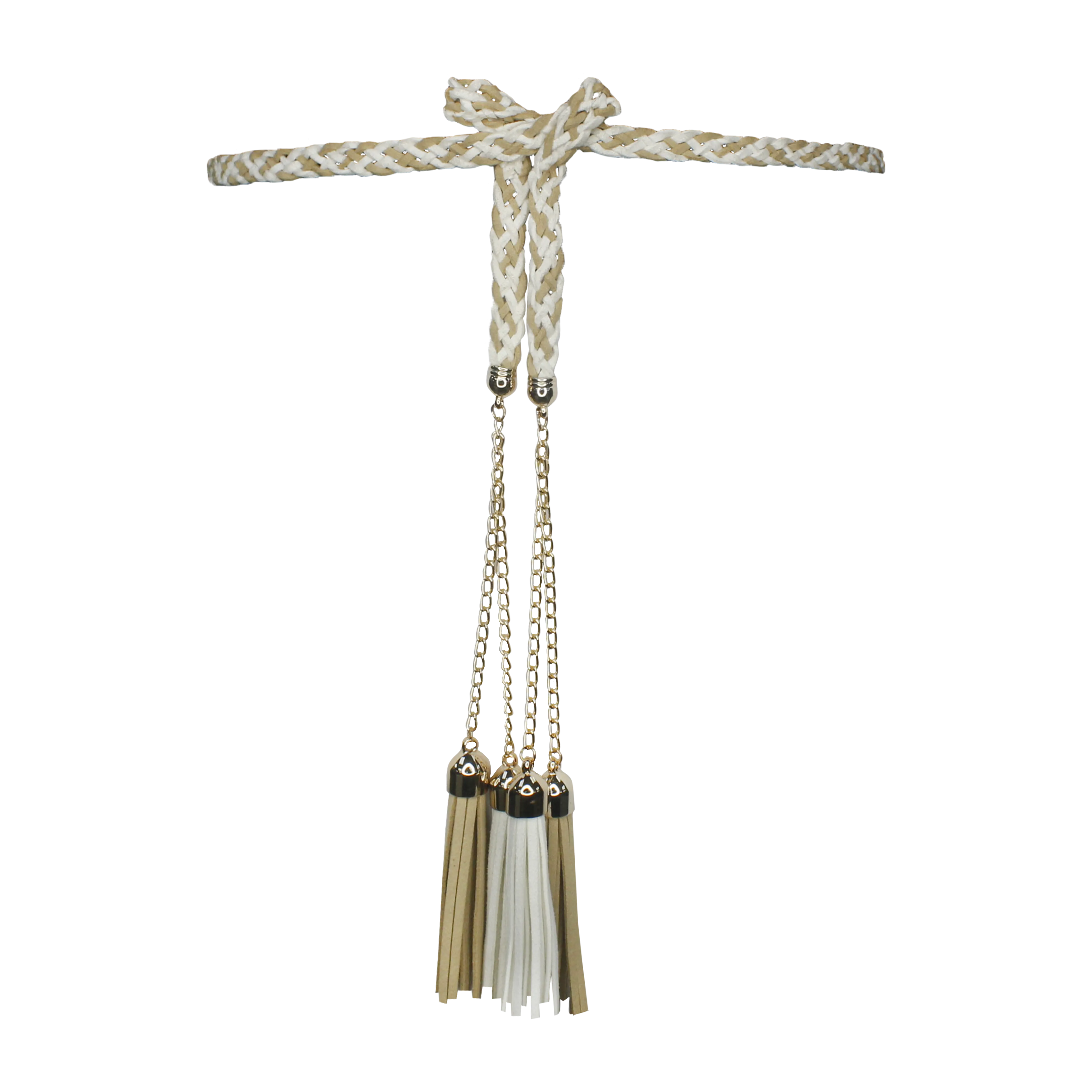 Beige and white colored Braided Tassel waist belt