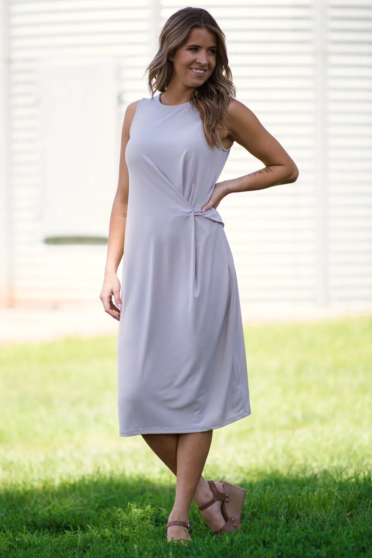 Beige Knit Dress With Knot Detail