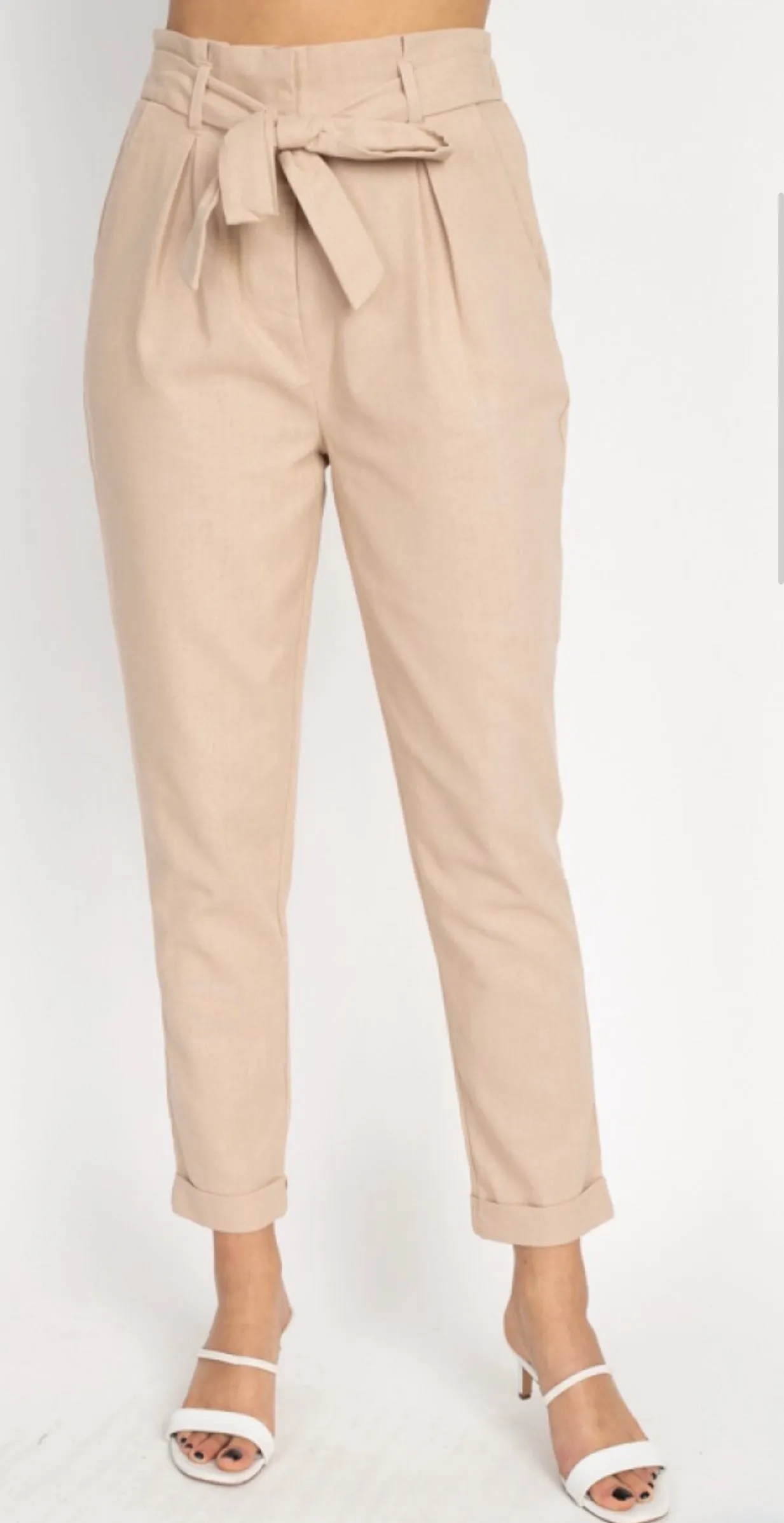 Belted Linen Paperbag Pants