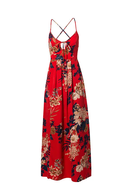 BerryBetty - Floral Print Sexy Lace Up V Neck Women Maxi Dresses