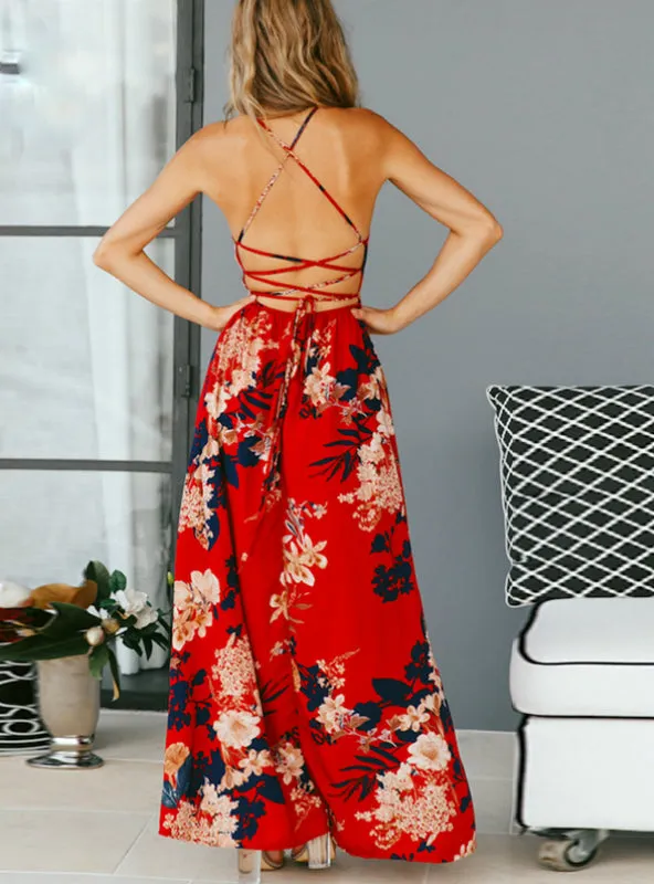 BerryBetty - Floral Print Sexy Lace Up V Neck Women Maxi Dresses