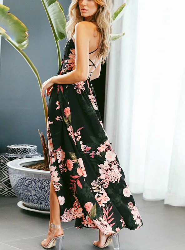 BerryBetty - Floral Print Sexy Lace Up V Neck Women Maxi Dresses