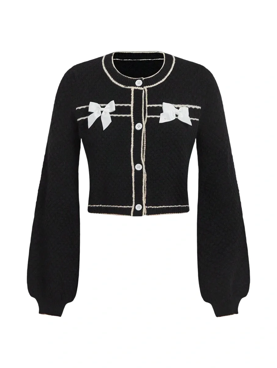 Bettina Chic Knit Cardigan with Bow Detail in Black