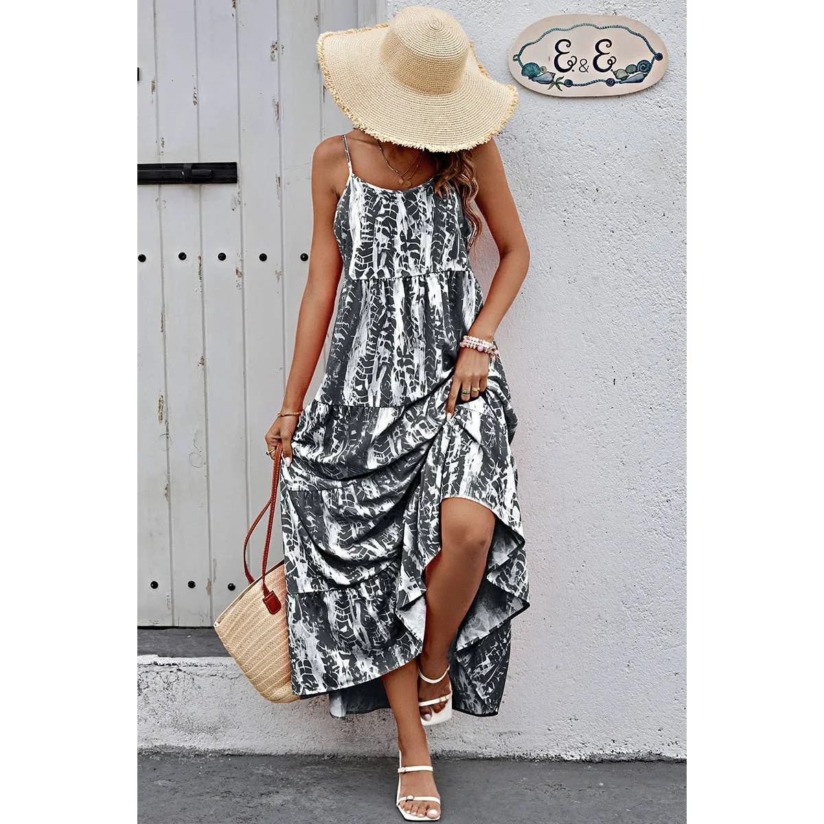 Black Allover Print Sleeveless Pockets Color Block Dress