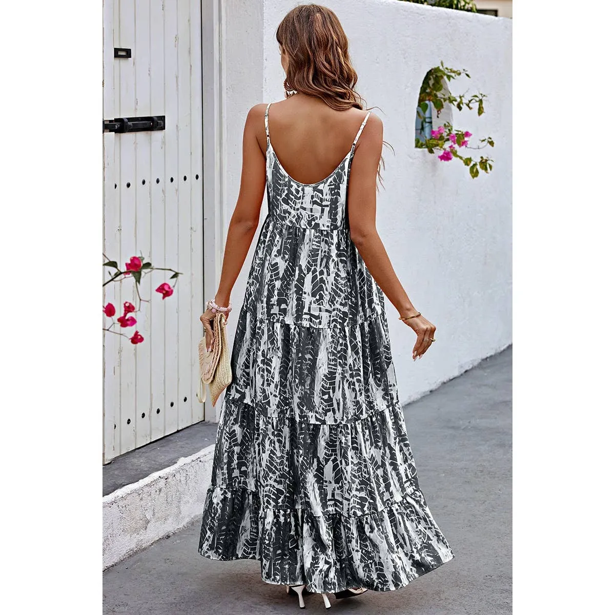 Black Allover Print Sleeveless Pockets Color Block Dress