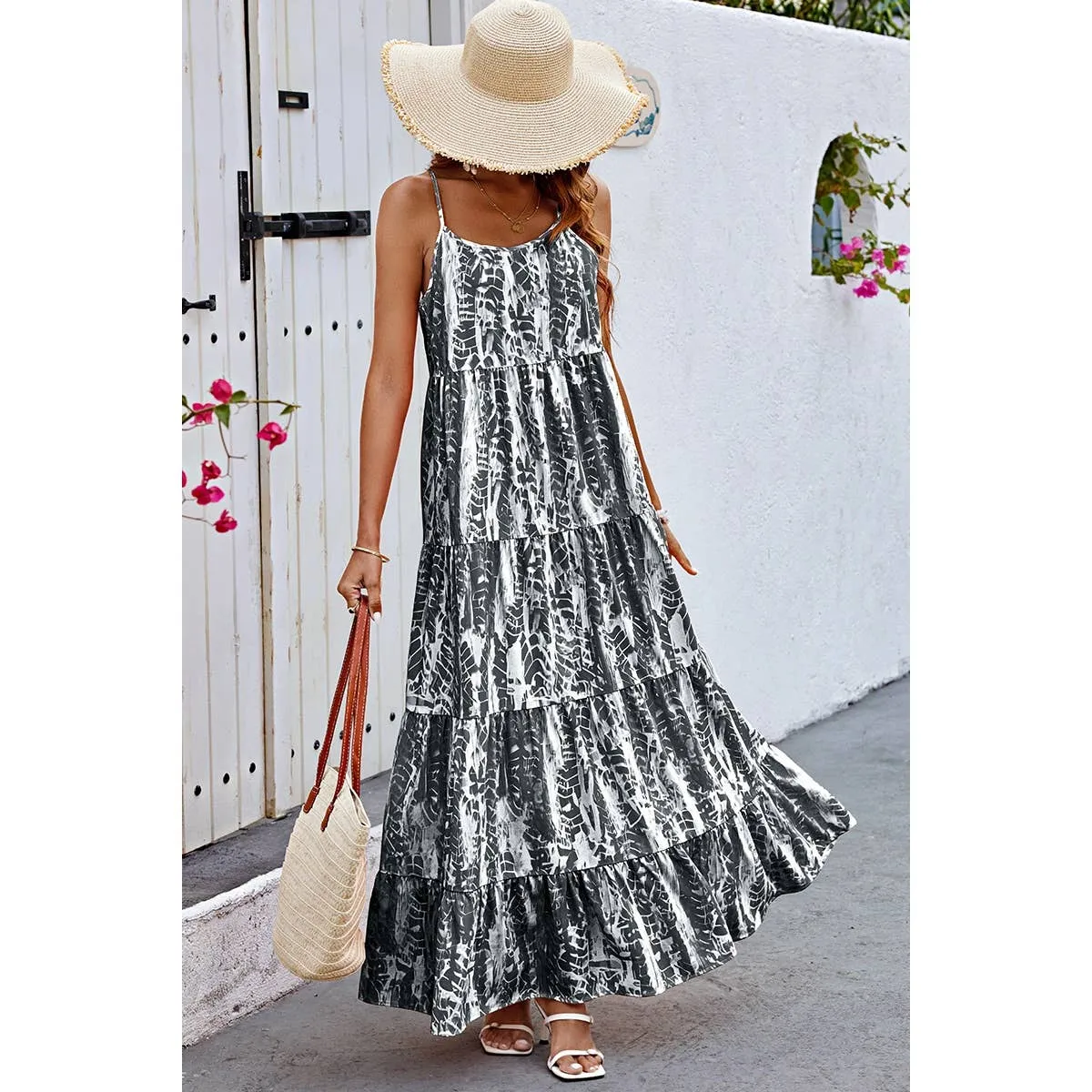 Black Allover Print Sleeveless Pockets Color Block Dress